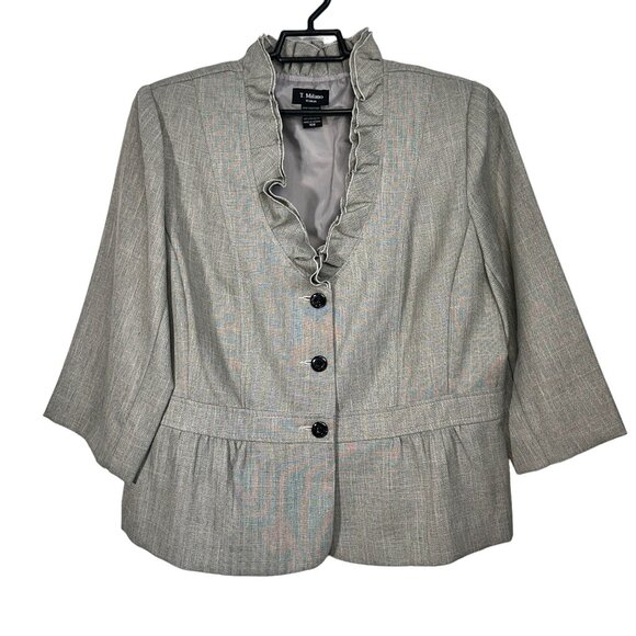 T. Milano Gray Ruffle 2-Piece Suit Set Blazer & Skirt Size 16W - Picture 1 of 12